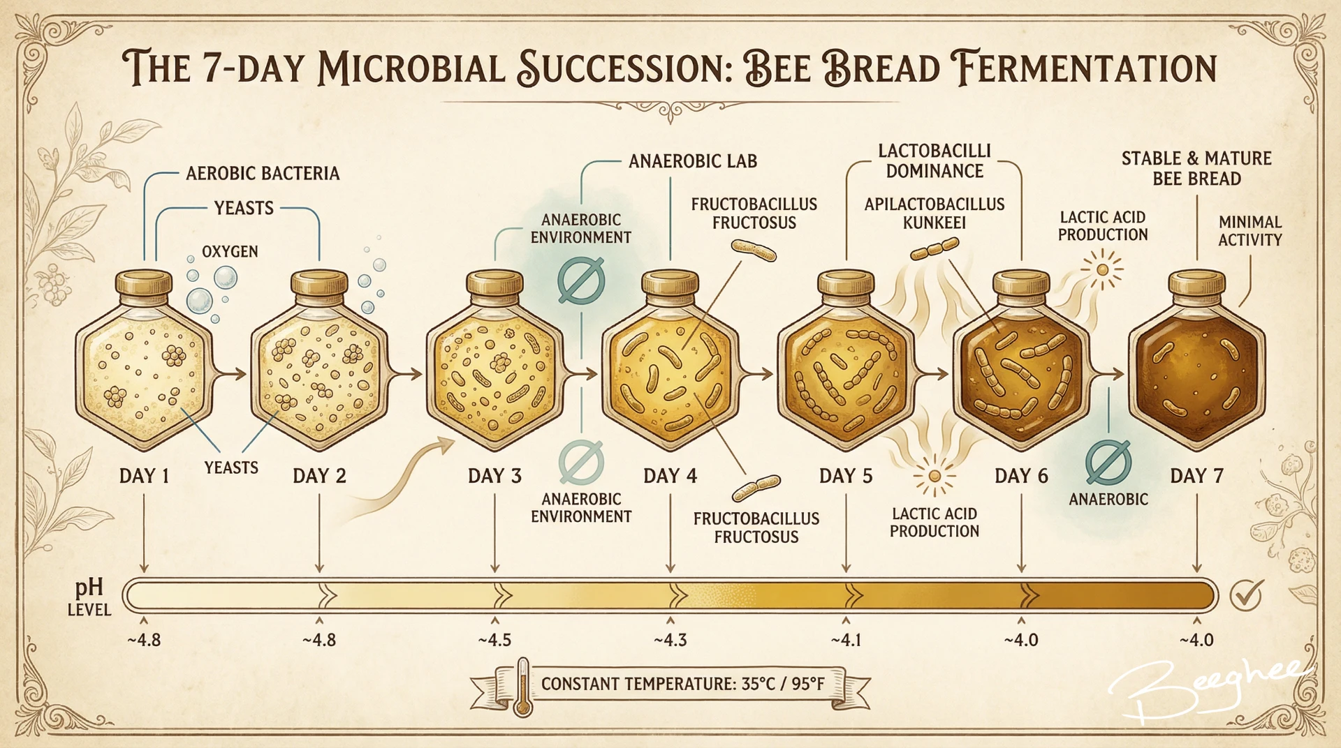 The 7-day Microbial Succession: Bee Bread Fermentation - showing pH levels dropping from 4.8 to 4.0 through Days 1-2 (Oxygen Consumption), Days 3-4 (Anaerobic Shift), Days 5-6 (LAB Dominance), and Day 7 (Stabilization)